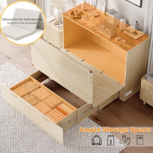 VINGLI Twin Murphy Bed with Storage Drawer,Fluted Wooden Foldable Bed Cabinet with Charging Station,Boho,Hideaway Paltform Panel Bed for Small Spaces,Guest Room,Office,Apartment,Beige