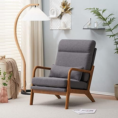 Accent Chair with Cushion, Mid-Century Modern Upholstered Single Reading Armchair High Back Sofa with Linen Fabric + Solid Wood Frame for Living Room, Bedroom, Lounge, Balcony (Grey)