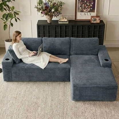 104" Cloud Sectional Couch L-Shaped with Side Pockets Cup Holders, Corduroy Boneless Couch for Living Room,Upholstered Deep-Seat Modular Sectional Sofa, No Assembly Required (Grey,Right Facing Chaise)