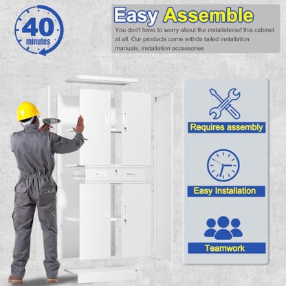 CJF 71" H Tall Metal Storage Cabinet with Drawer, Locking Garage Cabinet with 2 Adjustable Shelves, Heavy-Duty Tool File Storage Cabinets for Home Office, Kitchen, Warehouse, Shop (White)