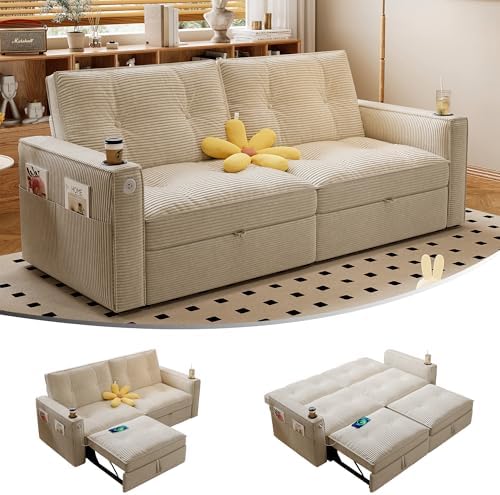healthomse 73.2" Pull Out Couch, Queen Sleeper Sofa Bed, 3-in-1 Convertible Sofa Bed, Modern Corduroy Couch with Cup Holder and USB Ports, for Living Rooms, RV-Friendly, Small Spaces (Beige)