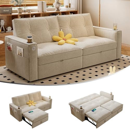 healthomse 73.2" Pull Out Couch, Queen Sleeper Sofa Bed, 3-in-1 Convertible Sofa Bed, Modern Corduroy Couch with Cup Holder and USB Ports, for Living Rooms, RV-Friendly, Small Spaces (Beige)
