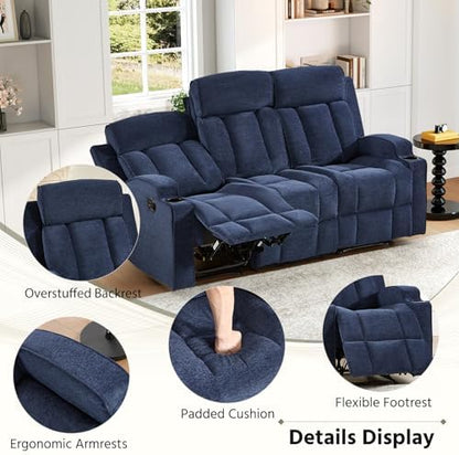 HAOMARKETS 3-Piece Manual Recliner Sofa Set, Included Loveseat Set of 2 with Center Console and 3-Seater Couch, Overstuffed Fabric Reclining Couches with Cup Holders for Living Room, Blue