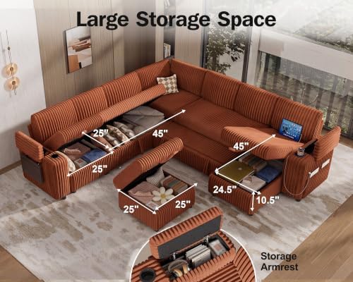 Vipbear 130" Modular Sectional Sleeper Sofa with Pull Out Bed, 9 Seat Corduroy L Shaped Couch with Ottoman and Chaise|USB Ports|Cup Holders|Side Table, Tool Free Assembly, Orange