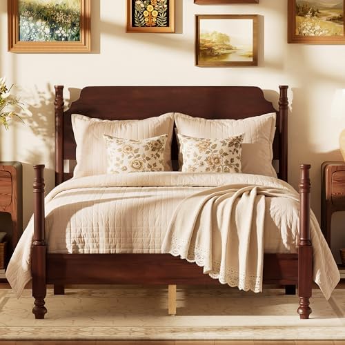 Merax Vintage Wood Spindle Bed Frame with Headboard, Full Size,Dark Walnut