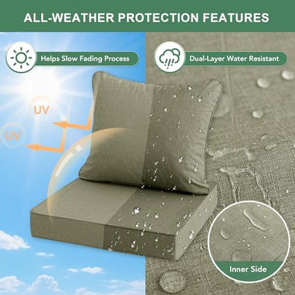Water Resistant Outdoor Chair Cushions, Faux Linen Backrest and Deep Seat Cushion Set with Ties, Removable Cover, Non-Slip Bottom for Patio Furniture, 24 x 24 Inch, Mocca Green, Set of 2