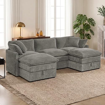 Myroyalsit Modular Sofa with Storage, 103" Shape Sectional Cloud Couch, Oversized Fabric Couch with Movable Ottoman, 5 Seat Modern Deep Seat Sofa for Living Room (Grey Chenille)