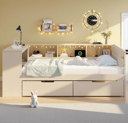 Bellemave Twin Size Corner Bed Frame with Storage Shelves and Desk, Wood Twin Daybed with Bookcase and Drawers and Upholstered Headboard, Cream