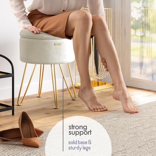 Round Ottoman with Storage, Textured Velvet Storage Ottoman, Foot Stool Ottomans, Makeup Vanity Stool, Small Ottomans Foot Rest, Modern Vanity Stools for Living Room and Bedroom, Cream