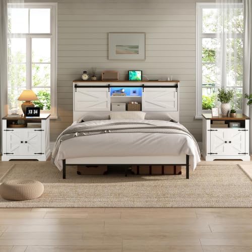 HOOBRO Farmhouse End Table Set of 2 with Charging Station, Large Side Table
