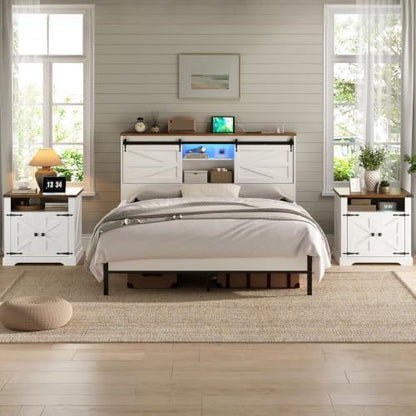 HOOBRO Farmhouse End Table Set of 2 with Charging Station, Large Side Table