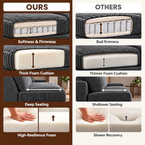 WINBOY 106" L Shaped Boneless Couches for Living Room, Comfy Modular Deep Seat Compressed Corduroy Sofawith Side Pocket,Grey, Left Facing Chiase