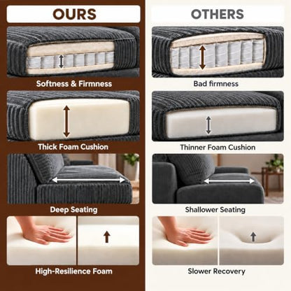 WINBOY 106" L Shaped Boneless Couches for Living Room, Comfy Modular Deep Seat Compressed Corduroy Sofawith Side Pocket,Grey, Left Facing Chiase