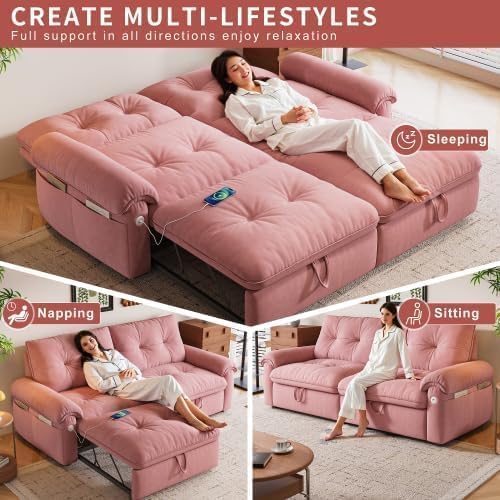77" Convertible Queen Sofa Bed with USB Port & Side Pockets, Pink