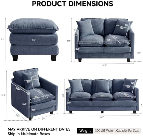 72'' Cloud 3 Seater Couch with 2 Ottomans, U Shaped Sofa with 3 Throw Pillows, Modern Sectional Couches with Deep Seat, Modular Sofas for Living Room, Bedroom, Small Apartment, Blue