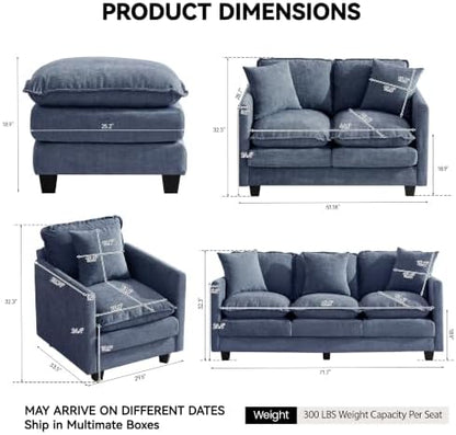 72'' Cloud 3 Seater Couch with 2 Ottomans, U Shaped Sofa with 3 Throw Pillows, Modern Sectional Couches with Deep Seat, Modular Sofas for Living Room, Bedroom, Small Apartment, Blue