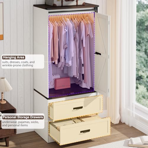 2 Doors Armoire Wardrobe Closet w/ Folding Sliding Barn Door,Antique White