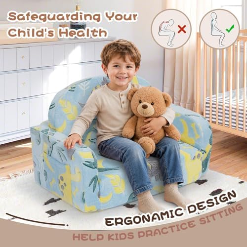 Extra Wide Kids Couch, 2-in-1 Soft Toddler Couch with Blanket, Glow in The Dark, Comfy Toddler Chair with Cloud Pillow, Convertible Sofa, Dinosaur