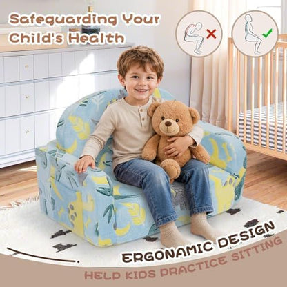 Extra Wide Kids Couch, 2-in-1 Soft Toddler Couch with Blanket, Glow in The Dark, Comfy Toddler Chair with Cloud Pillow, Convertible Sofa, Dinosaur