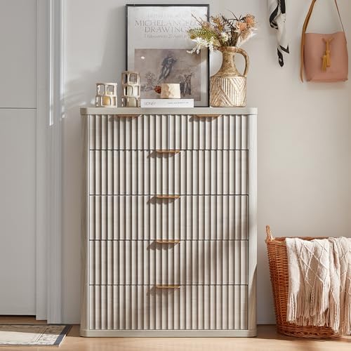LEYAOYAO Fluted 6 Drawers Dresser for Bedroom Set of 2, 42" Tall Modern Chest of Drawers with Metal Handle, Curved Profile Design,Light Grey Wood Drawer Organizer for Bedroom, Living Room, Hallway
