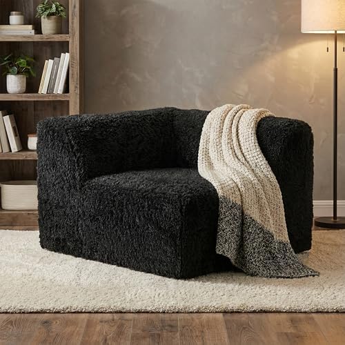 Furniture of America Havyn Modern Faux Fur 1-Seater Modular Foam Sofa Chair with Curved Arm & Deep Seat, Compressed Couch in a Box, No Assembly Required, for Living Room and Office, Black