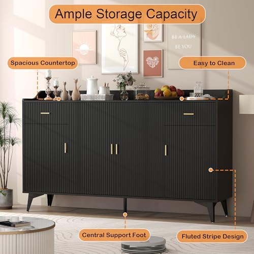 Black Sideboard Buffet Cabinet with Storage, 63" Fluted Sideboard