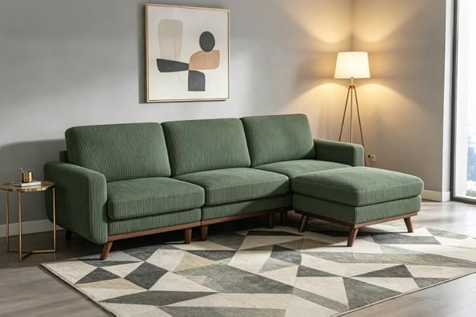 L-Shaped Sectional Sofa, 3-Seater Convertible Couch with Ottoman, FSC Certified Solid Wood Frame, Spring Cushions, Curved Armrests, Comfort Corduroy Sofa for Living Room, Apartment, Office, Green