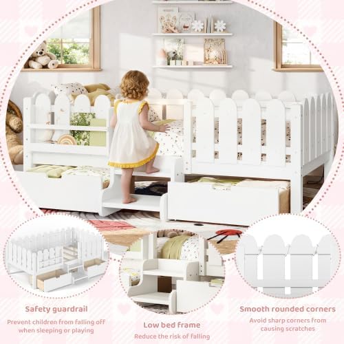 Bellemave Twin Size Platform Bed with Storage Drawers & Bookshelf for Boys Girls, Kids Twin Bed Frame with LED Lights & Stairs for Children's Room, White