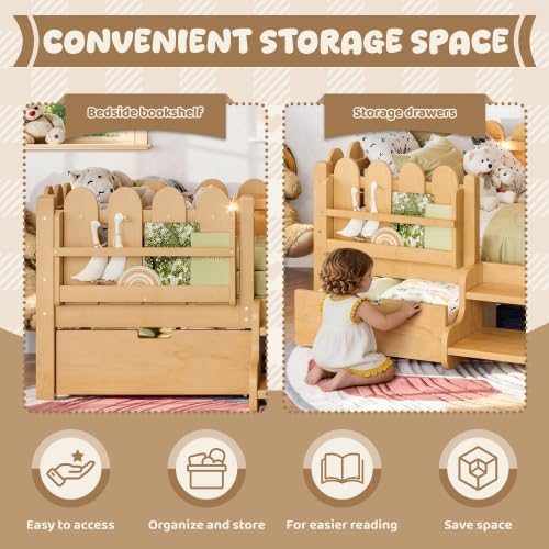 Bellemave Twin Size Platform Bed with Storage Drawers & Bookshelf for Boys Girls, Kids Twin Bed Frame with LED Lights & Stairs for Children's Room, Natural