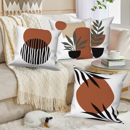 Bohemian Abstract Throw Pillow Covers 26"x26" Set of 4, Boho Minimalist Geometric Sunset Leaves Cushion Cover for Sofa Chair Couch Bed Office Garden Patio Farmhouse Indoor Outdoor