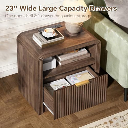 Decofy 23'' Wide Fluted Nightstand Set of 2 with Charging Station, Walnut
