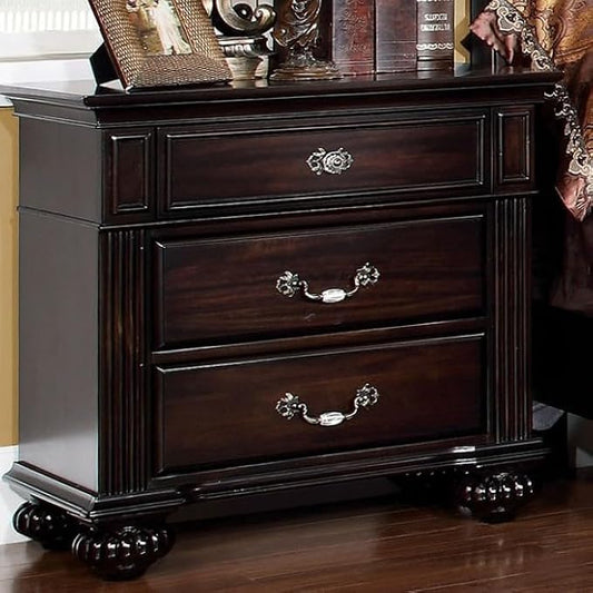 First of a Kind Queen Size Traditional Bedroom Furniture 5 pc Set in Dark Walnut - Solid Wood Finish with Floral Panel Design, Antique Brass Hardware - Bed, Dresser, Mirror & Dual Nightstands