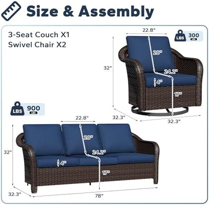 3 Piece Patio Furniture Set, Wicker Outdoor Conversation Set
