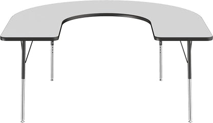 FDP Horseshoe Activity School and Office Table (60 x 66 inch), Standard Legs with Swivel Glides for Collaborative Seating Environments, Adjustable Height 19-30 inches - Gray Top and Black Edge