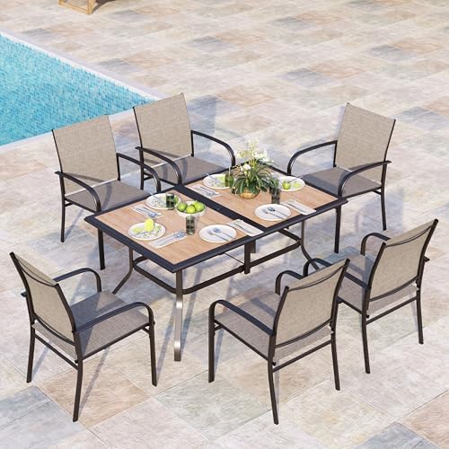 MIXPATIO 7pc Patio Dining Set, 60" Metal Table(PVC Top), 6 Brown Chairs