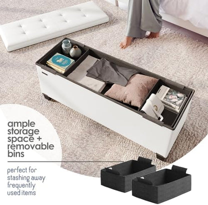 Storage Ottoman Bench with Bins, 43-in Storage Bench for Bedroom End of Bed, Folding Foot Rest Ottoman for Living Room Max 660lbs, Faux Leather Ottomans, Cream