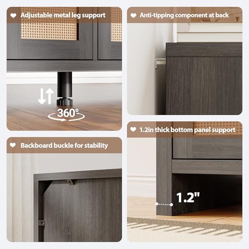 Rattan Buffet Cabinet with Storage, Sideboard with Doors, Console Table, Farmhouse Coffee Bar, Modern Wood Long Cabinets (Brown Black)
