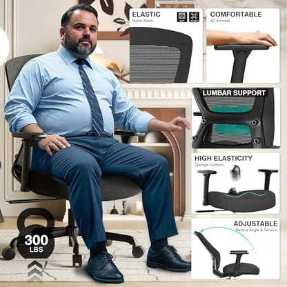 ELABEST Ergonomic Mesh Office Chair,Comfy Computer Desk Chair- BIFMA 5.1 Certified Commercial Swivel Task Chair for Home Office-Adjustable Lumbar Support & Armrests,Tilt Function,Wide Seat(Noir Black)