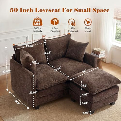 50'' Loveseat Sofa Set with Ottoman, Small Couch Set 2 Piece Cloud Love Seat 27" Deep Seat Washable Pillows Couches for Small Spaces Apartment Living Room, Brown