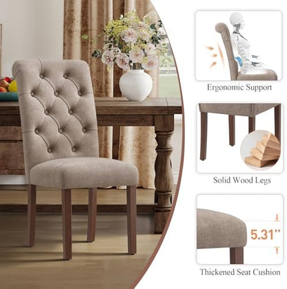 MALOL Upholstered Tufted Dining Room Chairs Set of 6, Parsons Kitchen Chairs with Padded Seat and Solid Wood Legs, Fabric Accent Side Diner Chair for Dining Room/Kitchen/Living Room, Camel