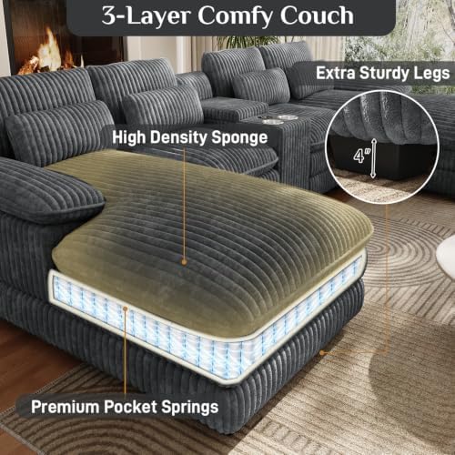 132" U Shaped Corduroy Cloud Couch with Console, USB&Cup Holder, Dark Grey