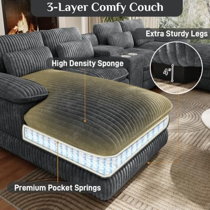 132" U Shaped Corduroy Cloud Couch with Console, USB&Cup Holder, Dark Grey