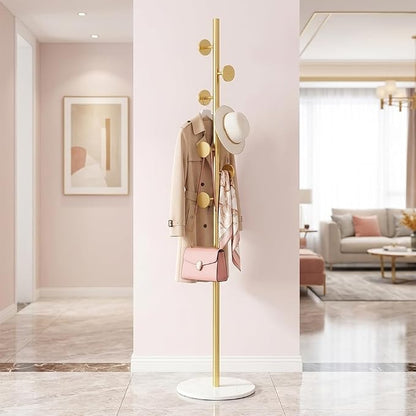 Coat Rack Freestanding Gold Clothes Rack with Marble Base & 7 Staggered Round Hooks, Heavy Duty Stable Coat Hanger Garment Stand for Entryway Bedroom, Hall Tree Racks for Clothing Hats Bags Purses