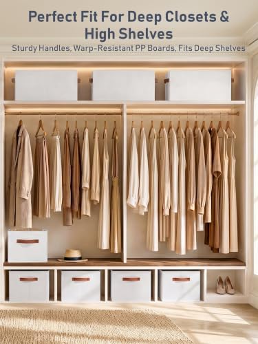 4 Pack Large Closet Storage Baskets Bins for Shelves, Collapsible Fabric Closet Organizers and Storage with Polyester Handles, Decorative Baskets for Organizing Clothes, Towels, Linen Closet 14"x10"