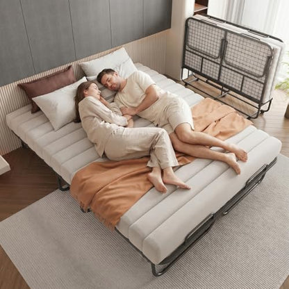 79"x59" Folding Bed with 13CM Memory Mattress, Queen Size Double Portable Bed for Adults, Roll Away Foldable Beds on Wheels,Hideaway,Save Space