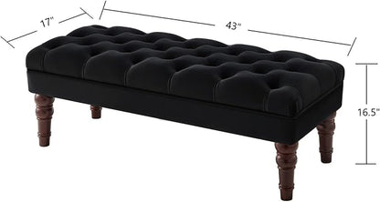24KF Velvet Upholstered Buttons Tufted Entryway Bench with Solid Wood Leg,Bed Bench Ottoman with Padded Seat,5061N-Black