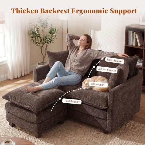 50'' Loveseat Sofa Set with Ottoman, Small Couch Set 2 Piece Cloud Love Seat 27" Deep Seat Washable Pillows Couches for Small Spaces Apartment Living Room, Brown