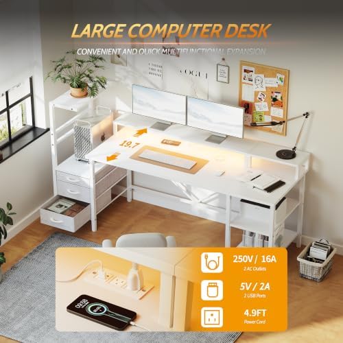 60" Reversible Gaming Desk with Drawers & Shelve, Large Computer Desk,White