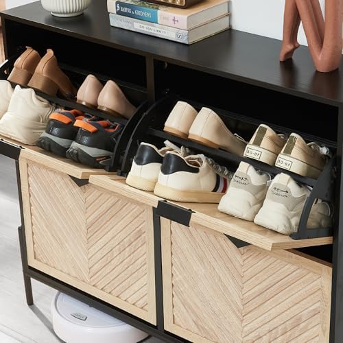 Shoe Cabinet with 4 Flip Drawers, Narrow Entryway Rack, Oak&Black