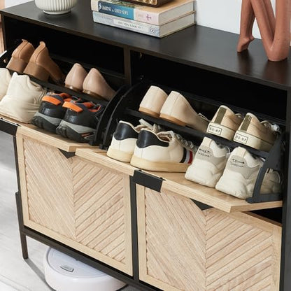 Shoe Cabinet with 4 Flip Drawers, Narrow Entryway Rack, Oak&Black